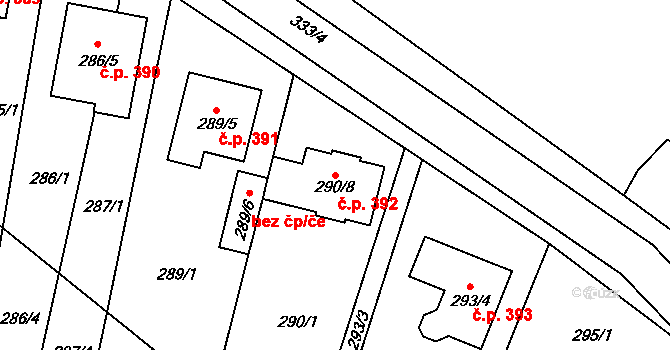 Hodonice 392 na parcele st. 290/8 v KÚ Hodonice, Katastrální mapa