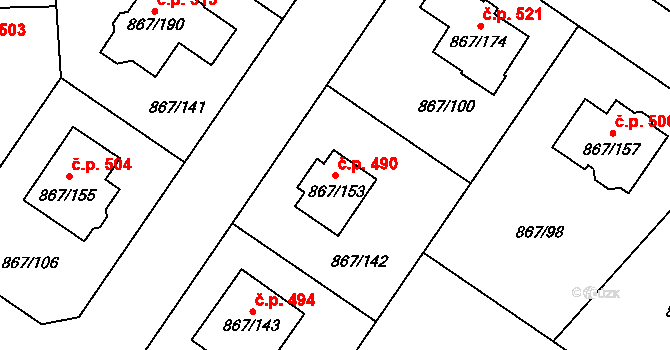 Hřebeč 490 na parcele st. 867/153 v KÚ Hřebeč, Katastrální mapa