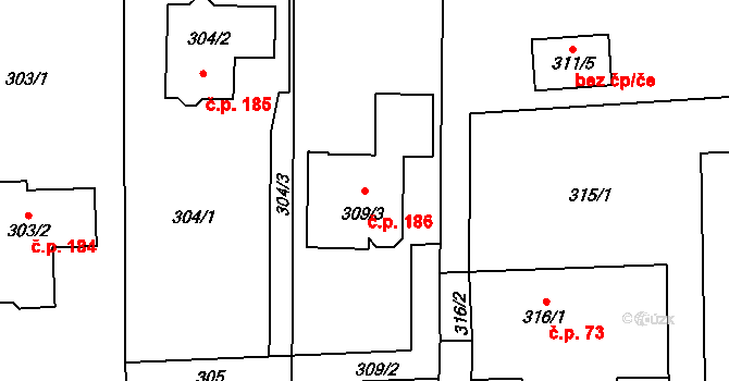 Dolní Těrlicko 186, Těrlicko na parcele st. 309/3 v KÚ Dolní Těrlicko, Katastrální mapa