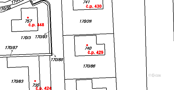Louky 429, Zlín na parcele st. 740 v KÚ Louky nad Dřevnicí, Katastrální mapa