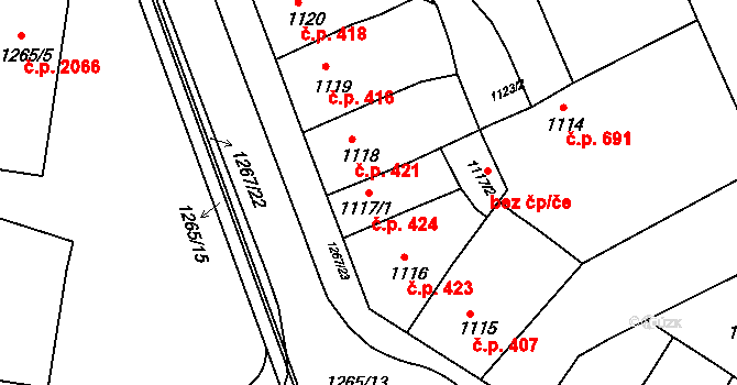 Předměstí 424, Litoměřice na parcele st. 1117/1 v KÚ Litoměřice, Katastrální mapa