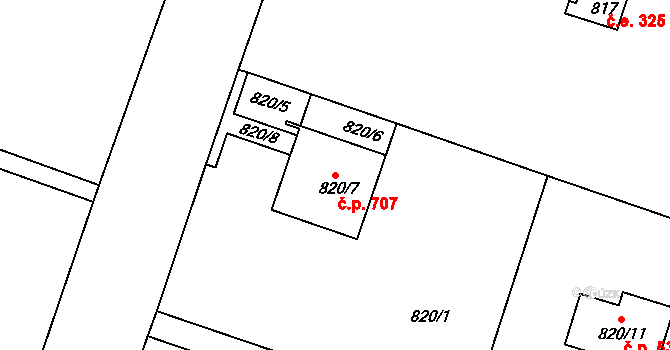 Hradištko 707 na parcele st. 820/7 v KÚ Hradištko u Sadské, Katastrální mapa