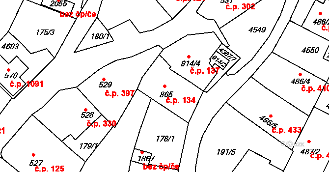 Valašské Klobouky 134 na parcele st. 865 v KÚ Valašské Klobouky, Katastrální mapa