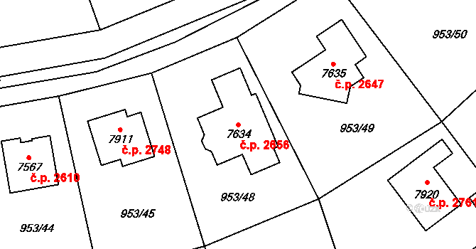 Cheb 2656 na parcele st. 7634 v KÚ Cheb, Katastrální mapa