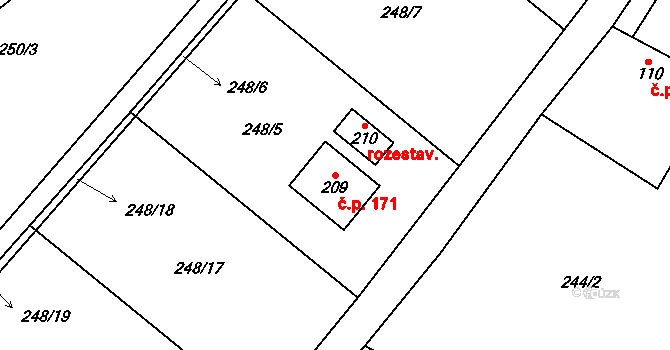 Ctiněves 171 na parcele st. 209 v KÚ Ctiněves, Katastrální mapa