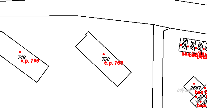 Milevsko 765 na parcele st. 750 v KÚ Milevsko, Katastrální mapa
