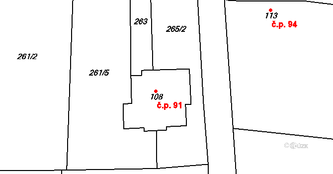 Jedomělice 91 na parcele st. 108 v KÚ Jedomělice, Katastrální mapa