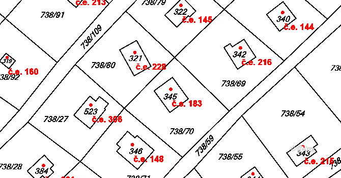 Vlkančice 183 na parcele st. 345 v KÚ Vlkančice, Katastrální mapa