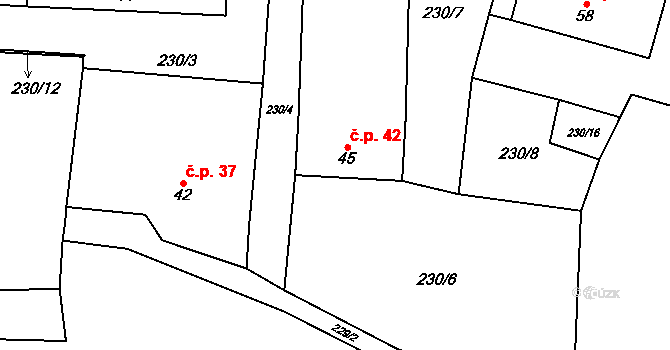 Semněvice 42 na parcele st. 45 v KÚ Semněvice, Katastrální mapa