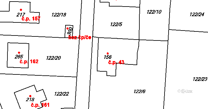 Senetářov 43 na parcele st. 156 v KÚ Senetářov, Katastrální mapa