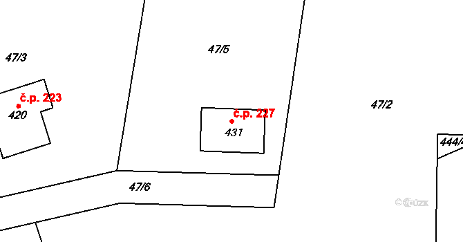 Panenské Břežany 227 na parcele st. 431 v KÚ Panenské Břežany, Katastrální mapa