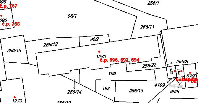Stod 693,694,695 na parcele st. 1280 v KÚ Stod, Katastrální mapa