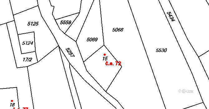 Uhřínov 72, Liberk na parcele st. 15 v KÚ Malý Uhřínov, Katastrální mapa