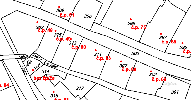 Popovice 53, Rataje na parcele st. 311 v KÚ Popovice u Kroměříže, Katastrální mapa