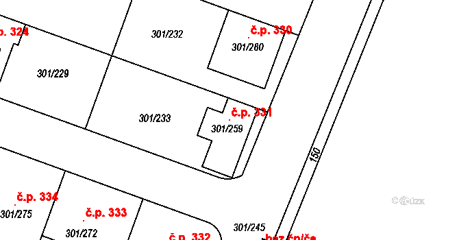 Hlušovice 331 na parcele st. 301/259 v KÚ Hlušovice, Katastrální mapa