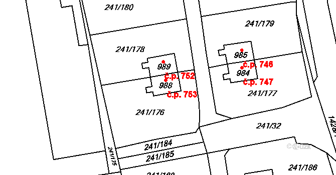 Starý Plzenec 753 na parcele st. 988 v KÚ Starý Plzenec, Katastrální mapa