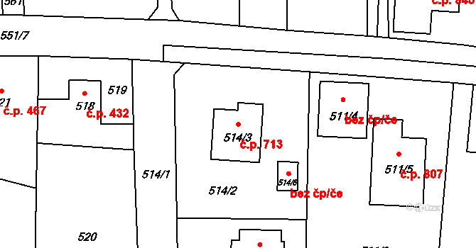 Doksy 713 na parcele st. 514/3 v KÚ Doksy u Máchova jezera, Katastrální mapa