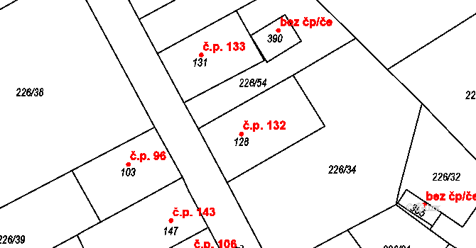 Střelná 132, Košťany na parcele st. 128 v KÚ Střelná, Katastrální mapa