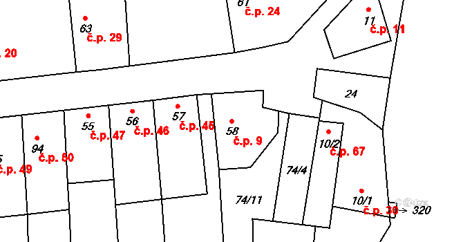 Židovice 9 na parcele st. 58 v KÚ Židovice nad Labem, Katastrální mapa