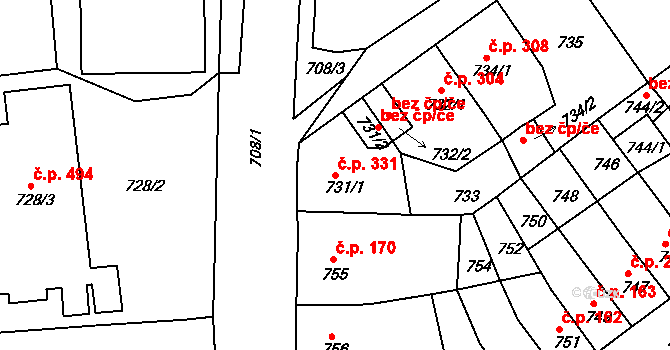 Novosedlice 331 na parcele st. 731/1 v KÚ Novosedlice, Katastrální mapa