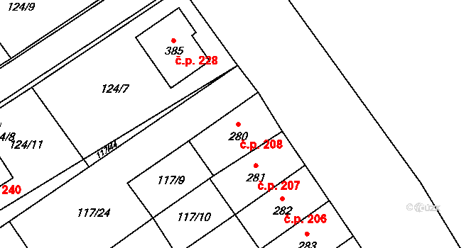 Cerekvice nad Loučnou 208 na parcele st. 280 v KÚ Cerekvice nad Loučnou, Katastrální mapa