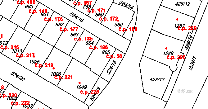 Stařečka 58, Třebíč na parcele st. 865 v KÚ Třebíč, Katastrální mapa