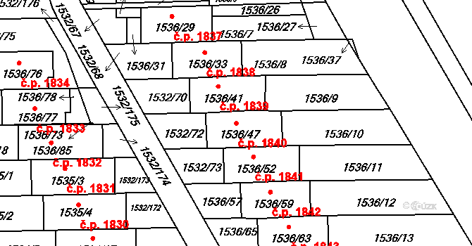 Pelhřimov 1840 na parcele st. 1536/47 v KÚ Pelhřimov, Katastrální mapa