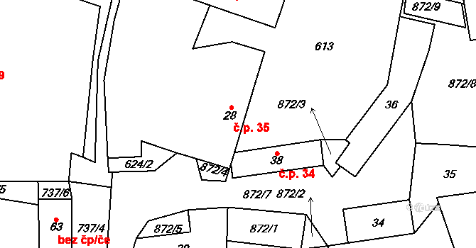 Křepiny 35, Řečice na parcele st. 28 v KÚ Křepiny, Katastrální mapa