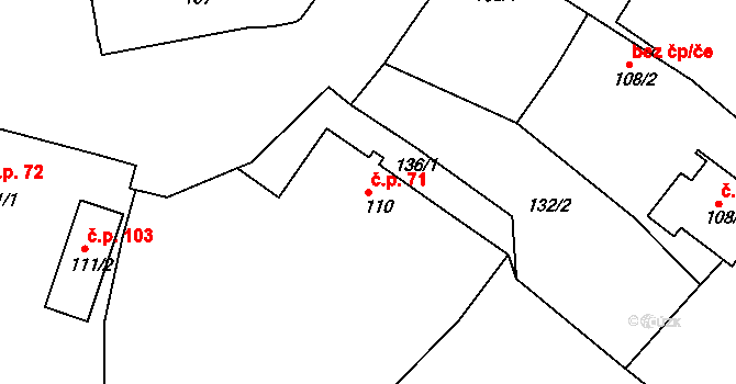 Měrunice 71 na parcele st. 110 v KÚ Měrunice, Katastrální mapa