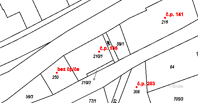 Kvasiny 136 na parcele st. 210/1 v KÚ Kvasiny, Katastrální mapa