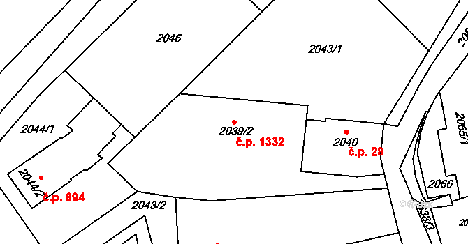 Radotín 1332, Praha na parcele st. 2039/2 v KÚ Radotín, Katastrální mapa