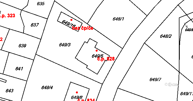 Ruzyně 828, Praha na parcele st. 649/5 v KÚ Ruzyně, Katastrální mapa