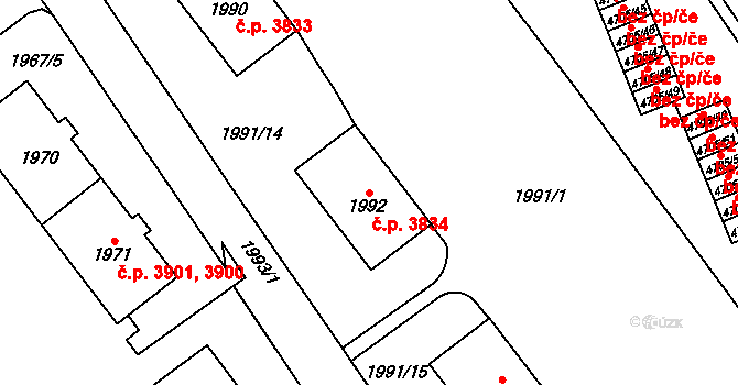 Chomutov 3834 na parcele st. 1992 v KÚ Chomutov I, Katastrální mapa