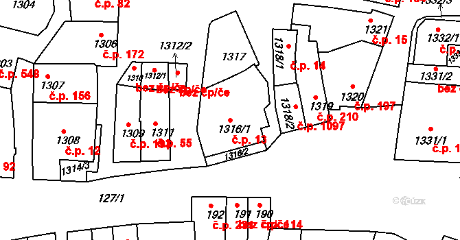 Újezd u Brna 13 na parcele st. 1316/1 v KÚ Újezd u Brna, Katastrální mapa