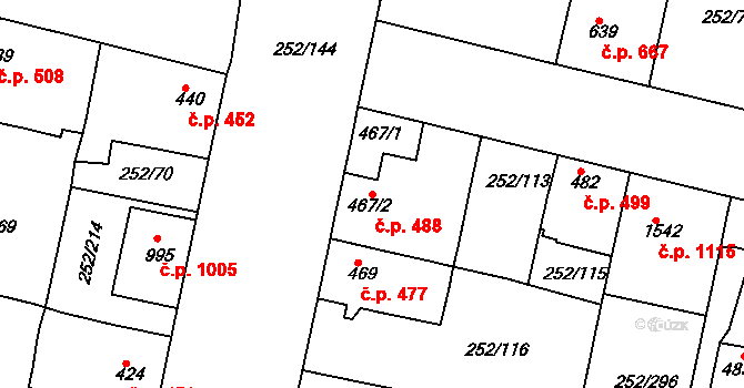 Rosice 488 na parcele st. 467/2 v KÚ Rosice u Brna, Katastrální mapa