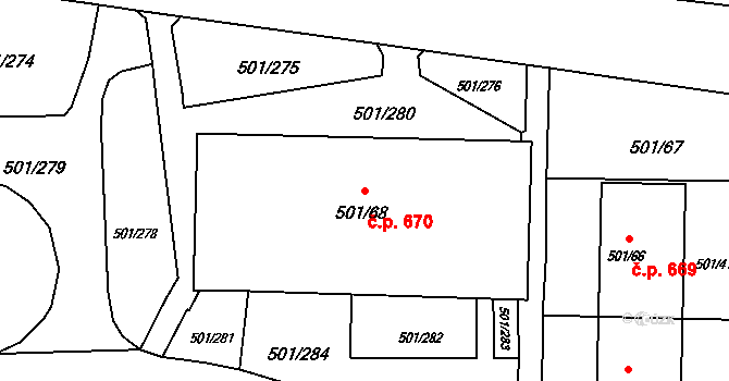 Ráj 670, Karviná na parcele st. 501/68 v KÚ Ráj, Katastrální mapa