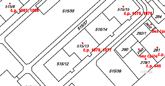 Doubravka 1077,1078, Plzeň na parcele st. 515/12 v KÚ Doubravka, Katastrální mapa
