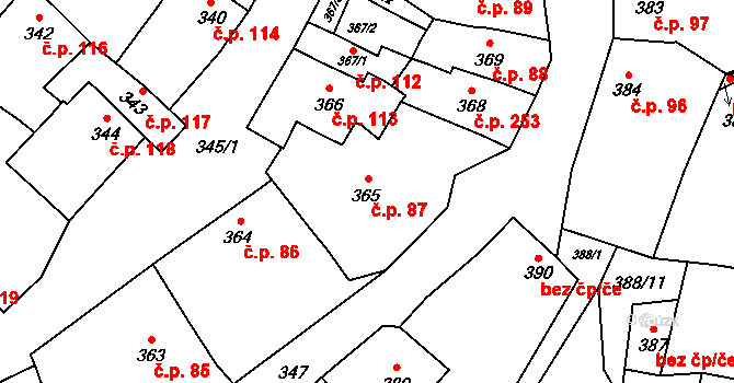 Pozořice 87 na parcele st. 365 v KÚ Pozořice, Katastrální mapa