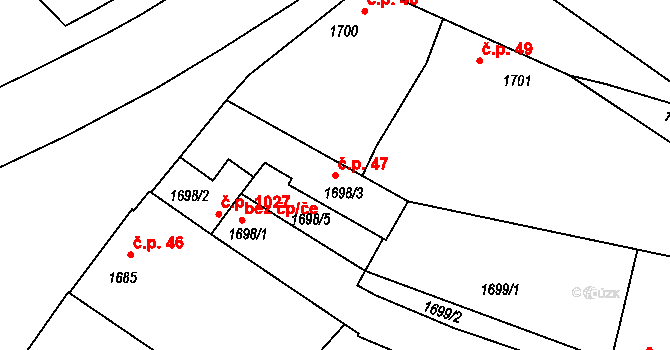 Pečky 47 na parcele st. 1698/3 v KÚ Pečky, Katastrální mapa