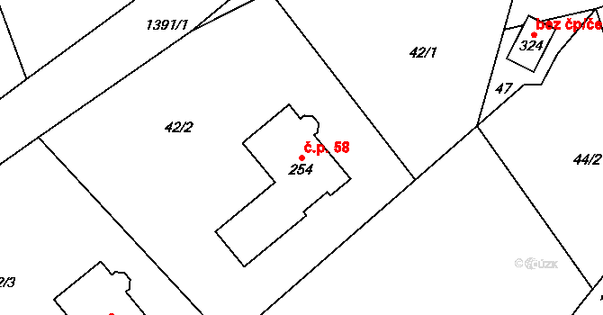 Hybrálec 58 na parcele st. 254 v KÚ Hybrálec, Katastrální mapa