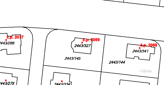 Roztoky 2069 na parcele st. 2443/327 v KÚ Roztoky u Prahy, Katastrální mapa