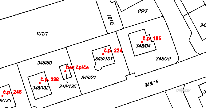 Jenišov 224 na parcele st. 348/131 v KÚ Jenišov, Katastrální mapa