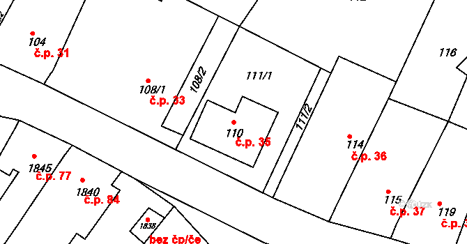 Popice 35, Znojmo na parcele st. 110 v KÚ Popice u Znojma, Katastrální mapa