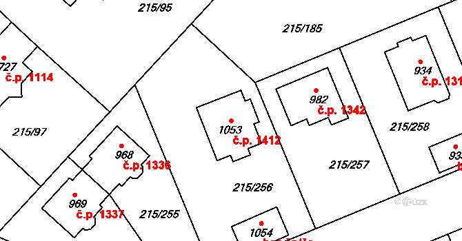 Rudná 1412 na parcele st. 1053 v KÚ Hořelice, Katastrální mapa