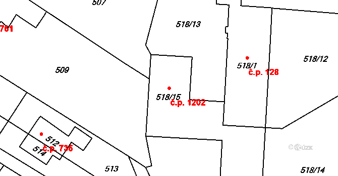 Jablunkov 1202 na parcele st. 518/15 v KÚ Jablunkov, Katastrální mapa