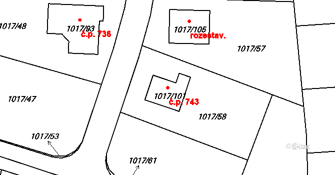 Rudolfov 743 na parcele st. 1017/101 v KÚ Rudolfov u Českých Budějovic, Katastrální mapa