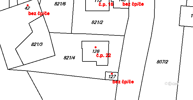 Mrákotice 22, Sedlec-Prčice na parcele st. 126 v KÚ Divišovice, Katastrální mapa