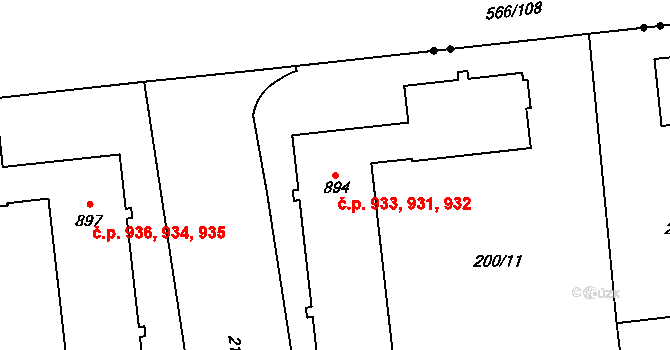 Hrabůvka 931,932,933, Ostrava na parcele st. 894 v KÚ Hrabůvka, Katastrální mapa