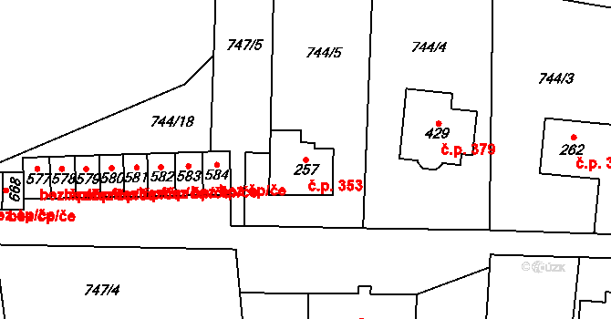 Hanušovice 353 na parcele st. 257 v KÚ Hanušovice, Katastrální mapa