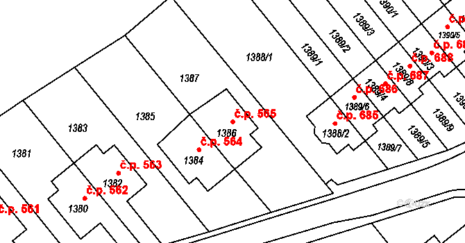 Jedovnice 565 na parcele st. 1386 v KÚ Jedovnice, Katastrální mapa